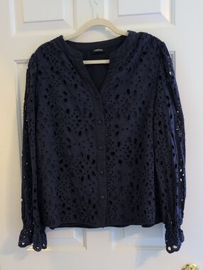 Navy Eyelet Button-Front Women’s Top